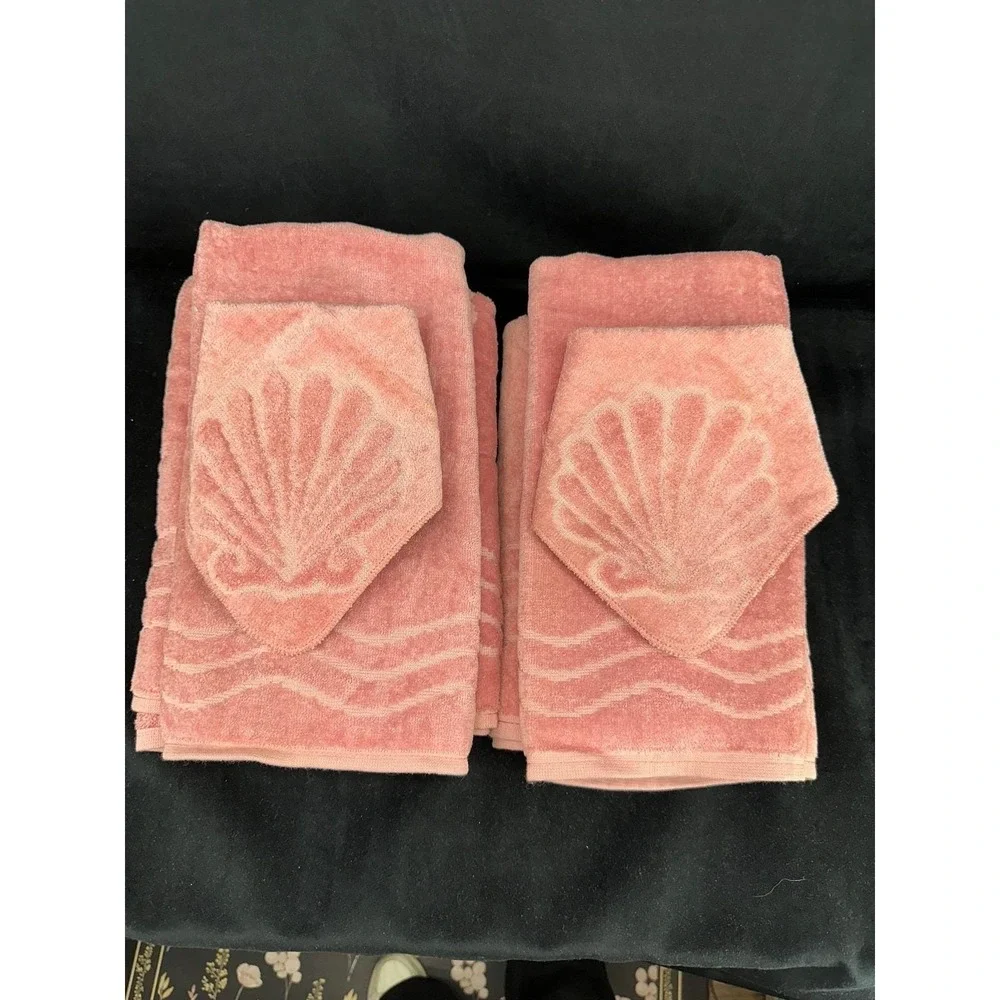 Vintage Cannon Pink Classic Shell Towel Set Coastal Bathroom Granny Grandma Core